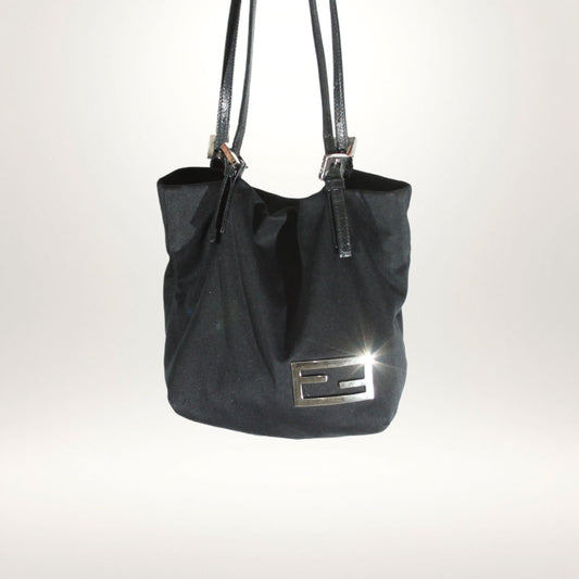 Vintage Fendi mini håndveske i sort nylon med FF-logo