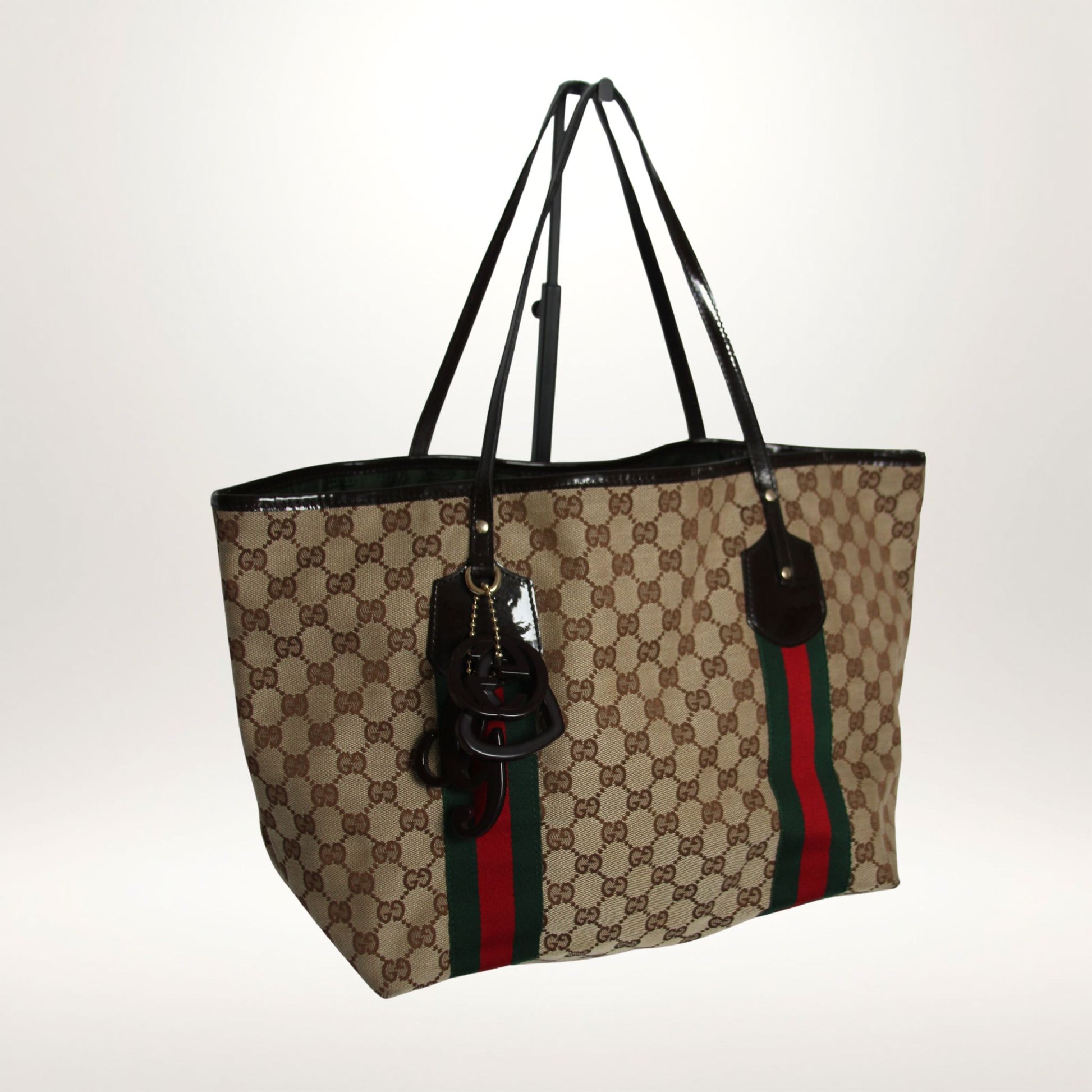 Vintage Gucci Jolie Web tote i GG canvas med web-bånd og charms