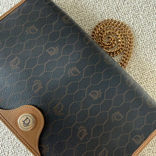 Vintage Christian Dior Honeycomb Chain Flap Bag i canvas og skinn med gullenke – bilde 2