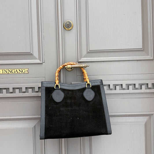 Vintage Gucci Diana Bamboo Tote i sort suede og skinn med bambushåndtak – bilde 3