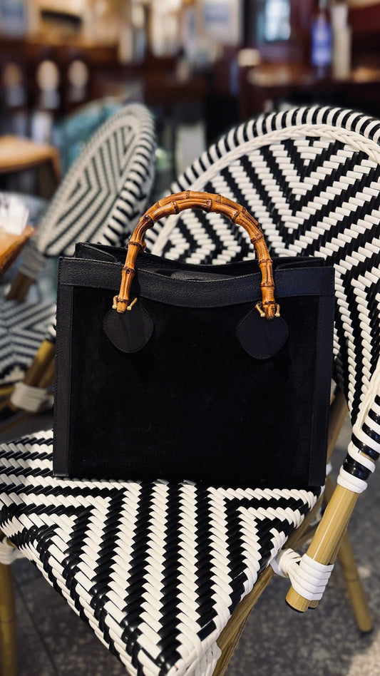 Vintage Gucci Diana Bamboo Tote i sort suede og skinn med bambushåndtak – bilde 2