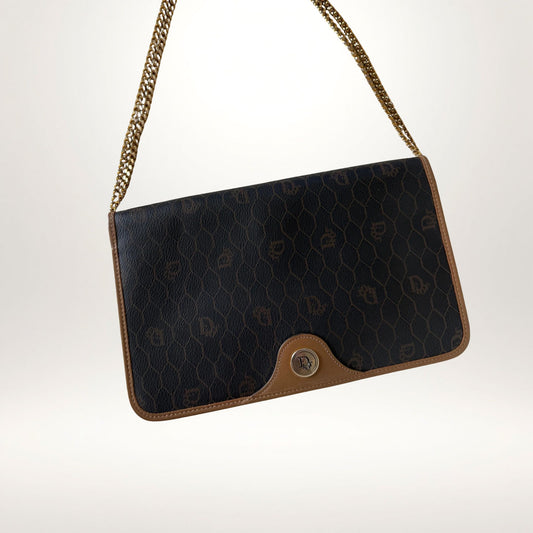 Vintage Christian Dior Honeycomb Chain Flap Bag i canvas og skinn med gullenke