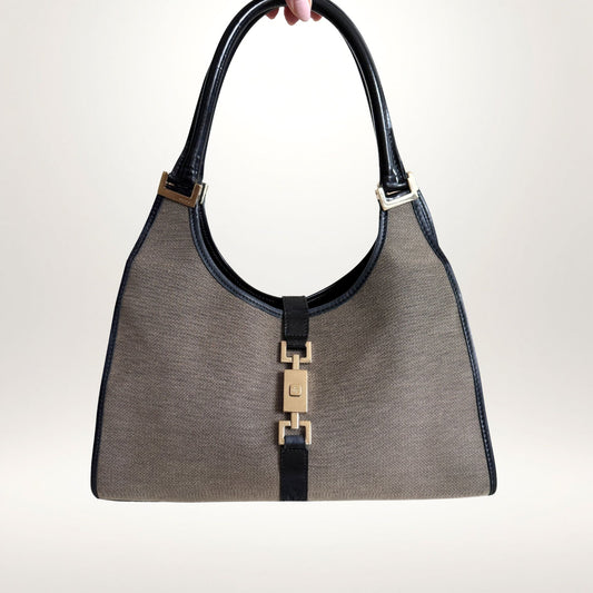 Vintage Gucci Jackie Bardot skulderveske i canvas og skinn