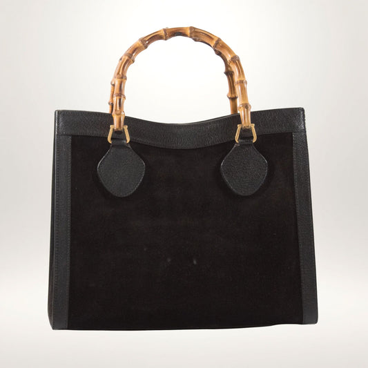 Vintage Gucci Diana Bamboo Tote i sort suede og skinn med bambushåndtak