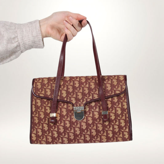 Vintage Christian Dior Trotter håndveske i monogram canvas med burgunder skinndetaljer