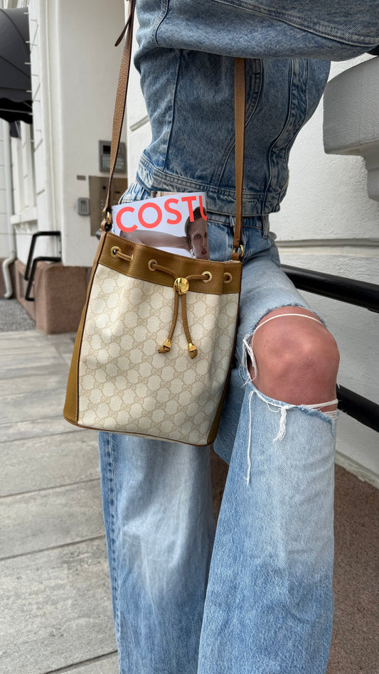GUCCI Vintage Bucket Bag GG Monogram Canvas & Tan Leather Gucci Accessory Collection · Made in Italy